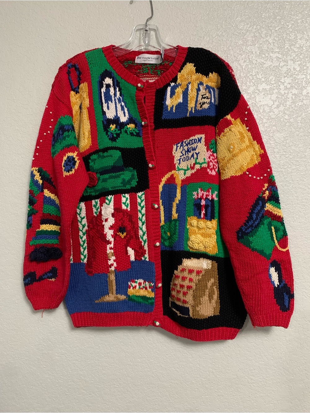 Vtg Eagles Eye Cardigan Sweater Womens L 90s Fashion Show Today Novelty Colorful